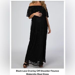 Black Lace Overlay Off Shoulder Flounce Maternity Maxi Dress